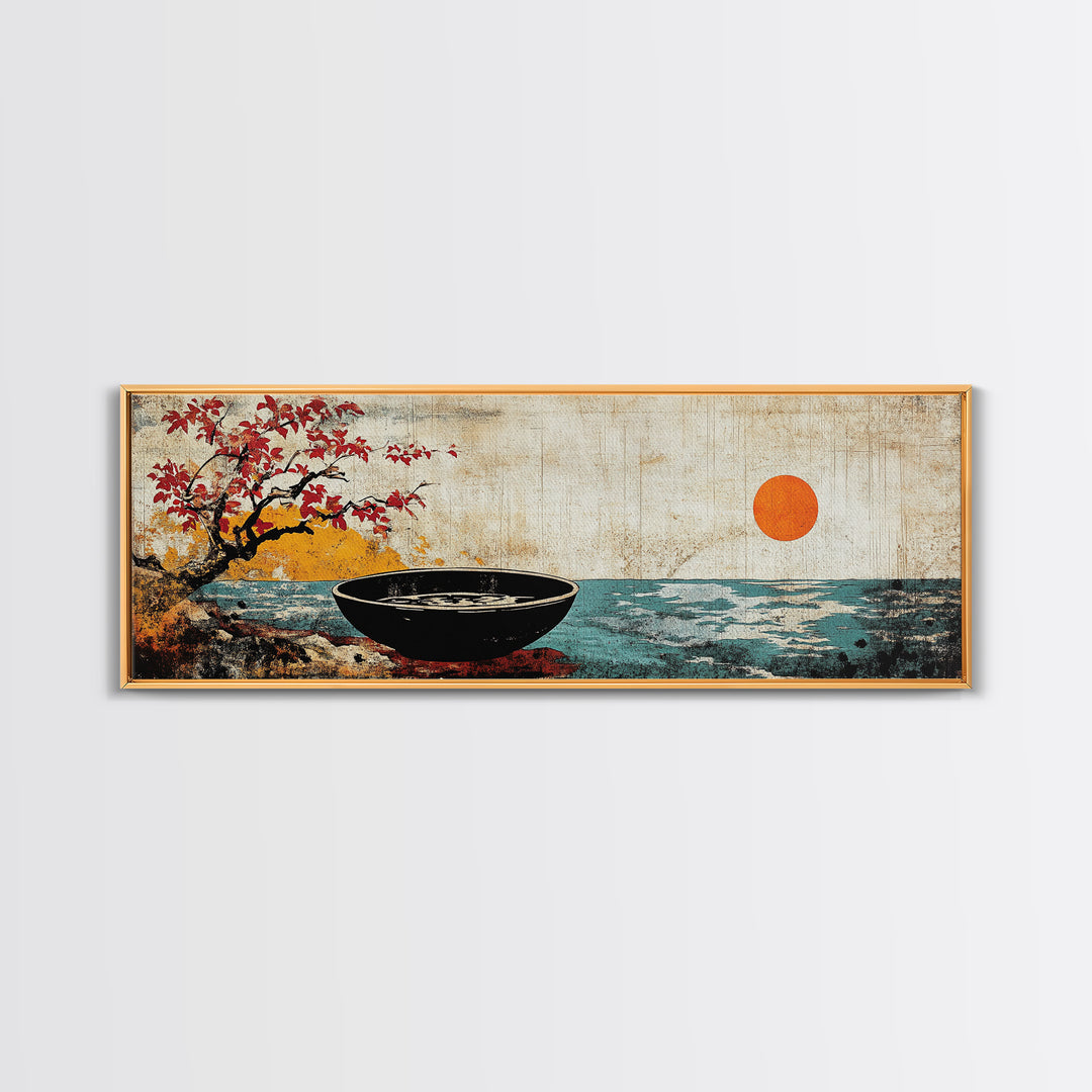 Zen Bowl By Ocean With Red Sun Framed Canvas Print, Japanese Coastal Wall Art, Cherry Blossom Decor, Meditation Room Art