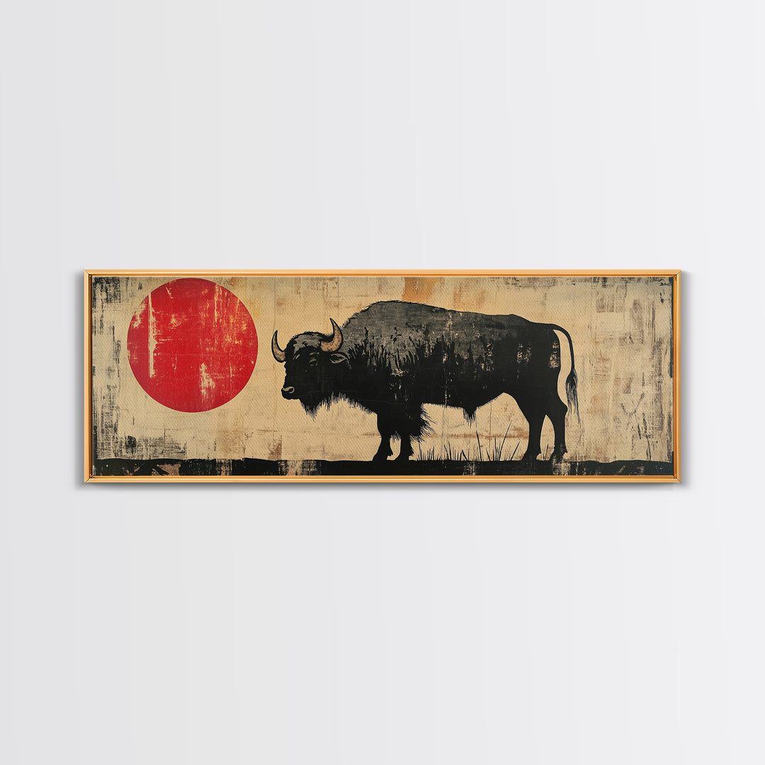 Black Bison Red Sun Framed Canvas Print, Western Wall Art, Rustic Home Decor, Large Horizontal Living Room Art, Gift For Him