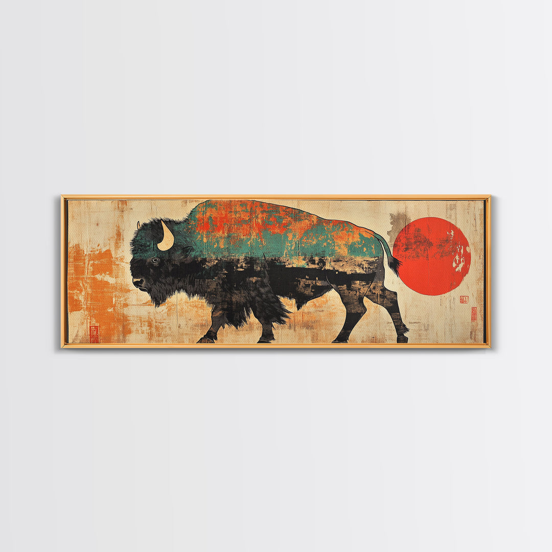 Turquoise Bison Red Sun Canvas Print, Southwestern Wall Art, Western Home Decor, Rustic Statement Living Room Art, Large Wall Decor