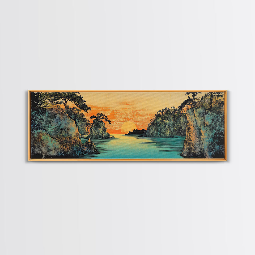 Teal River Canyon Sunset Framed Canvas Print, Coastal Landscape Wall Art, Japandi Decor, Panoramic Above Sofa Art For Living Room Decor