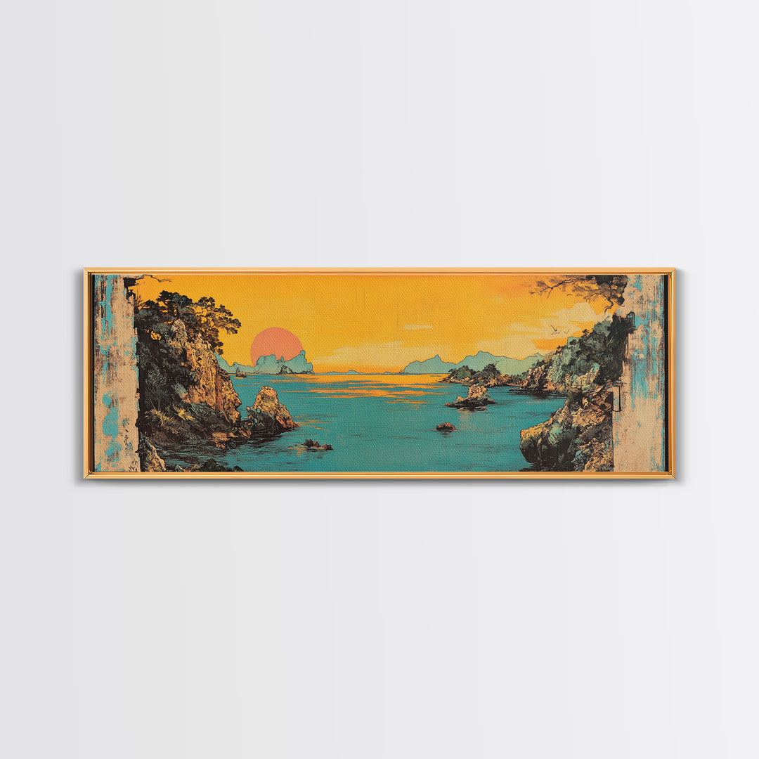 Turquoise Sea Cliff Sunset Canvas Print, Coastal Wall Art, Japanese Landscape Decor, Panoramic Beach House Wall Decor, Large Art