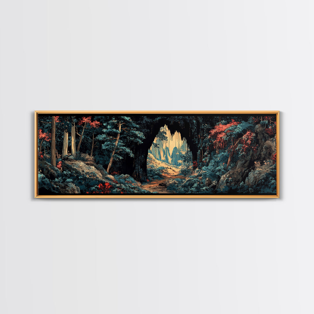 Dark Forest Cave Path Canvas Print, Moody Landscape Wall Art, Fantasy Woodland Decor, Panoramic Statement Living Room Art