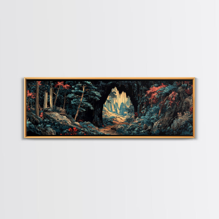 Dark Forest Cave Path Canvas Print, Moody Landscape Wall Art, Fantasy Woodland Decor, Panoramic Statement Living Room Art