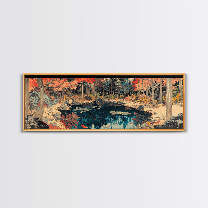Autumn Forest Pond Reflection Wall Art, Japanese Landscape Canvas, Rustic Nature Decor, Panoramic Living Room Print For Home Decor
