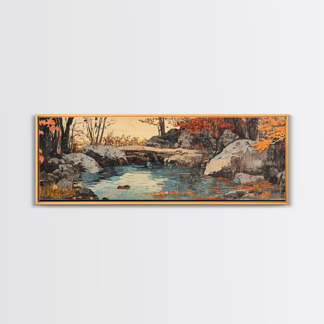 Autumn Rocky Creek Canvas Print, Japanese Landscape Painting, Rustic Nature Wall Decor, Panoramic Living Room Art, Home Decor