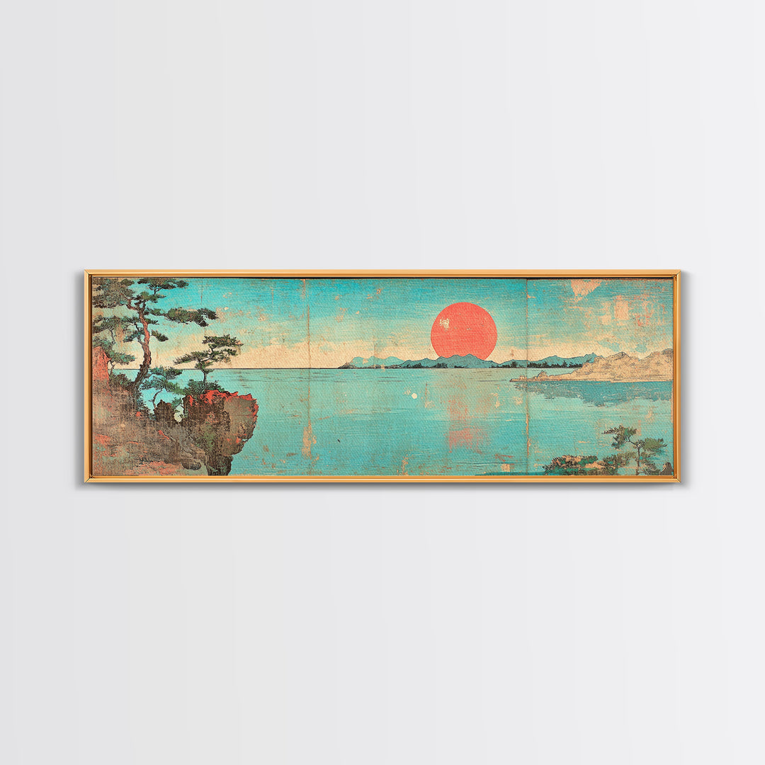 Turquoise Japanese Sea Sunset Framed Canvas Print, Coastal Landscape Wall Decor, Minimalist Panoramic Living Room Art Print