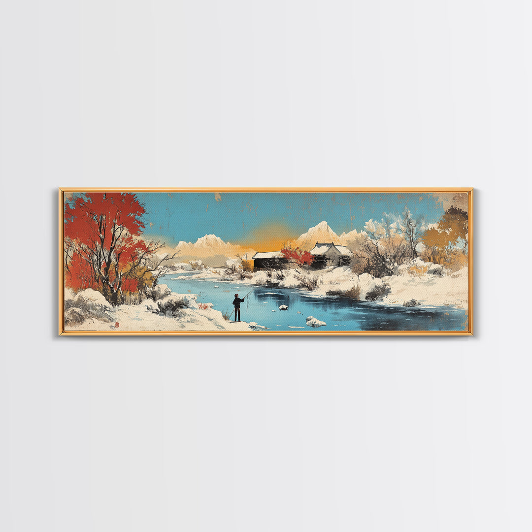 Snowy Mountain Village Wall Art, Japanese Winter Landscape Canvas, Serene Nature Decor, Panoramic Living Room Art Print For Home Decor