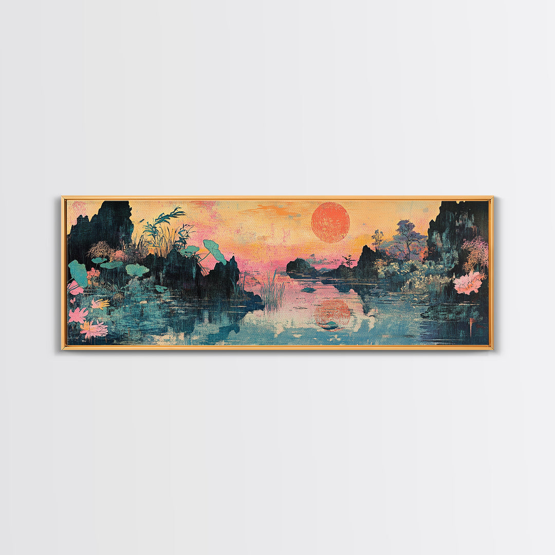 Lotus Lake Sunset With Red Sun And Mountains Wall Art, Japanese Landscape Canvas Print, Japandi Decor, Panoramic Wall Decor