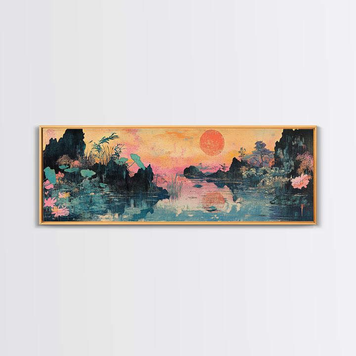 Lotus Lake Sunset With Red Sun And Mountains Wall Art, Japanese Landscape Canvas Print, Japandi Decor, Panoramic Wall Decor