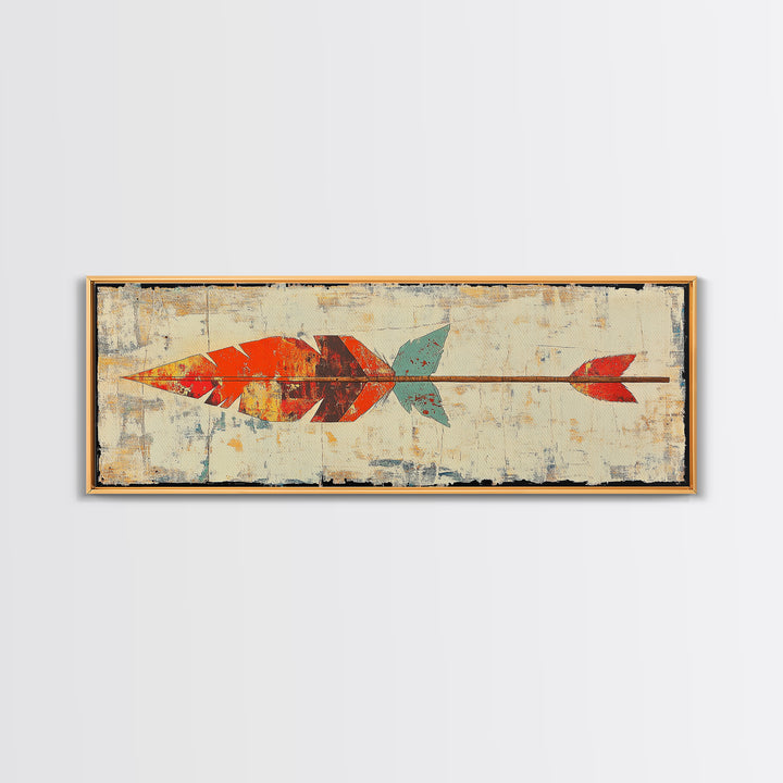 Rustic Painted Arrow With Red Feathers Wall Art, Southwestern Canvas Print, Boho Western Decor, Long Horizontal Art Print