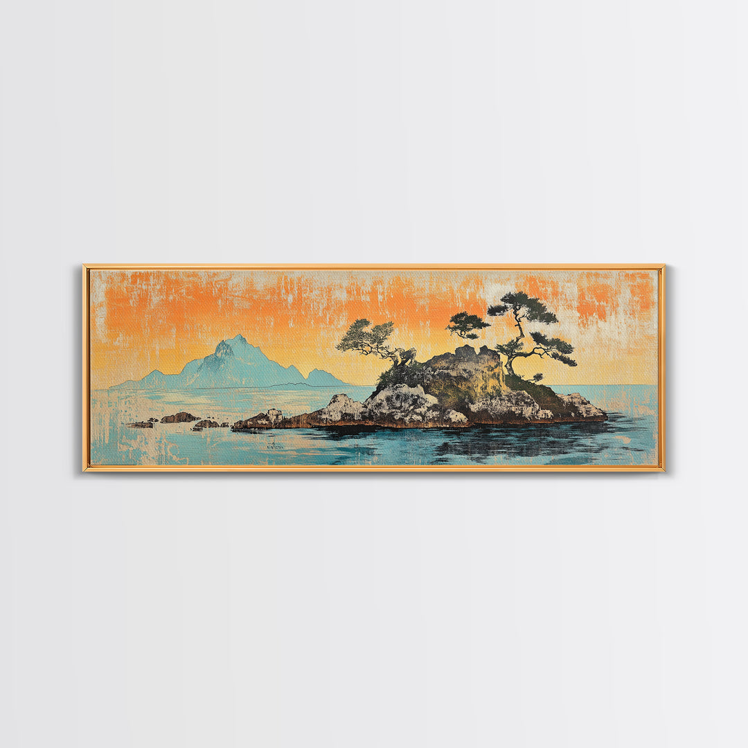 Rocky Island Pines On Calm Sea Wall Art, Japanese Coastal Landscape Canvas Print, Orange Sunset Decor, Wide Panoramic Art