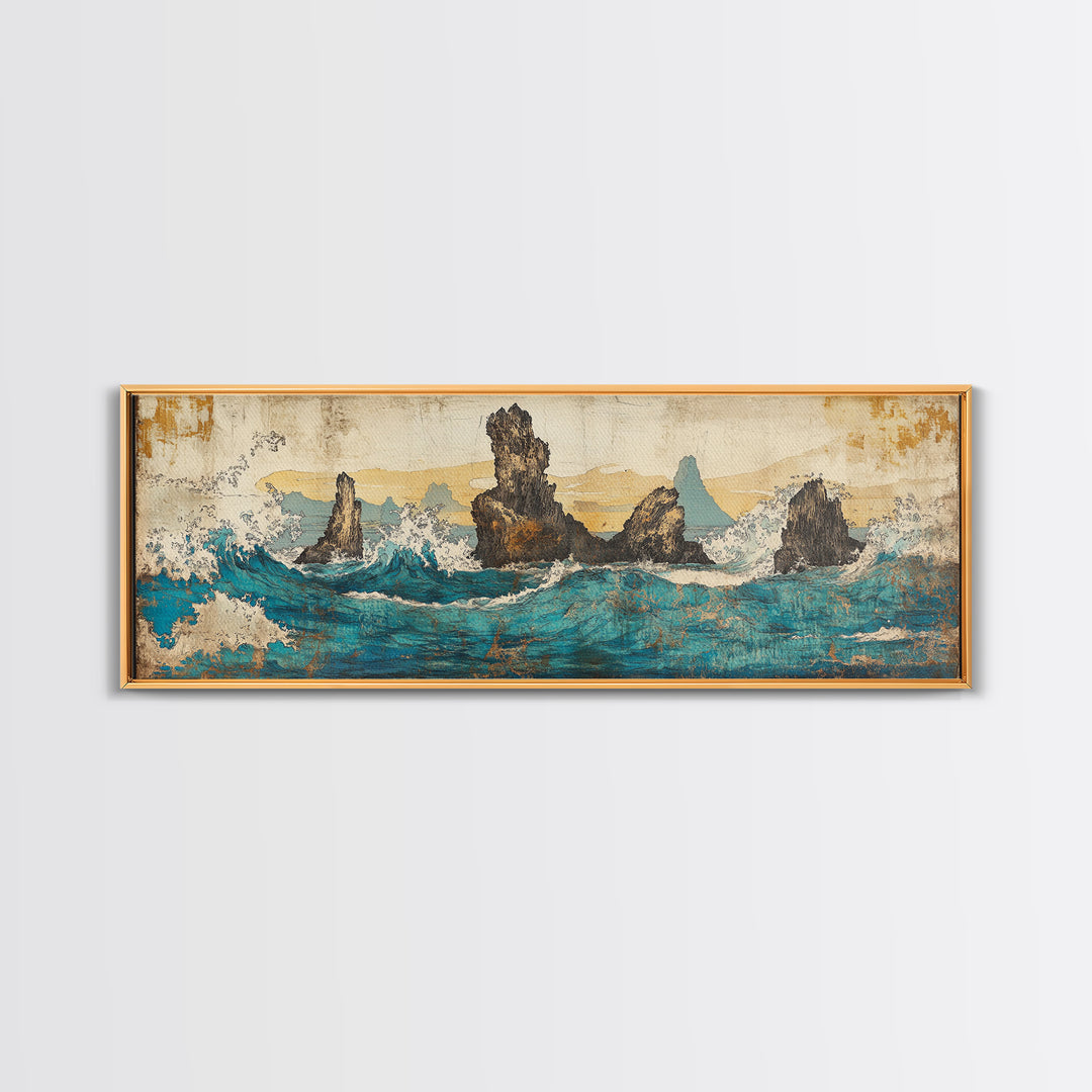 Jagged Sea Stacks In Turquoise Waves Wall Art, Large Panoramic Coastal Seascape Canvas Print, Nautical Decor, Moody Landscape Art