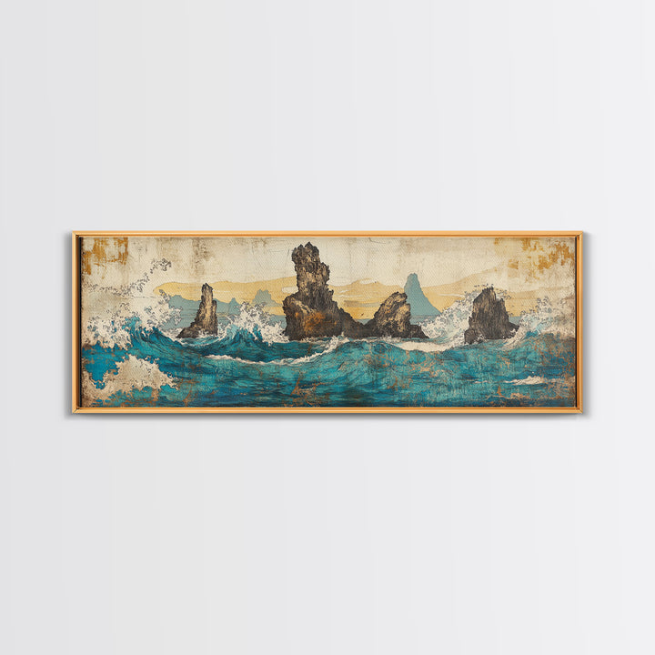 Jagged Sea Stacks In Turquoise Waves Wall Art, Large Panoramic Coastal Seascape Canvas Print, Nautical Decor, Moody Landscape Art