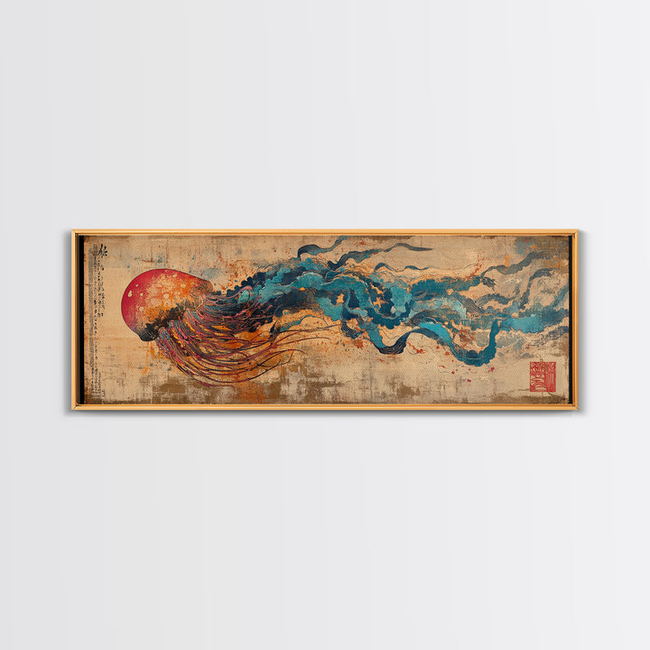Abstract Jellyfish With Red Sun And Blue Waves Wall Art, Japanese Ocean Canvas Print, Marine Life Decor, Statement Artwork