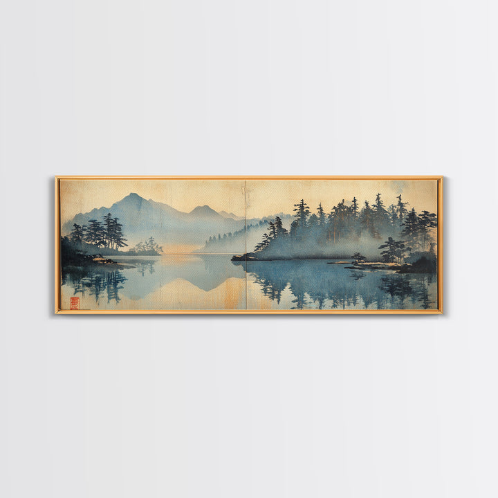 Misty Blue Mountain Lake And Pine Forest Wall Art, Japanese Landscape Canvas Print, Nature Decor, Calming Living Room Art