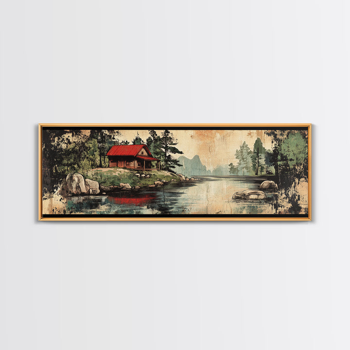 Rustic Red Roof Cabin Beside Forest Lake Framed Canvas Print, Mountain Landscape Wall Art, Cabin Decor, Housewarming Gift