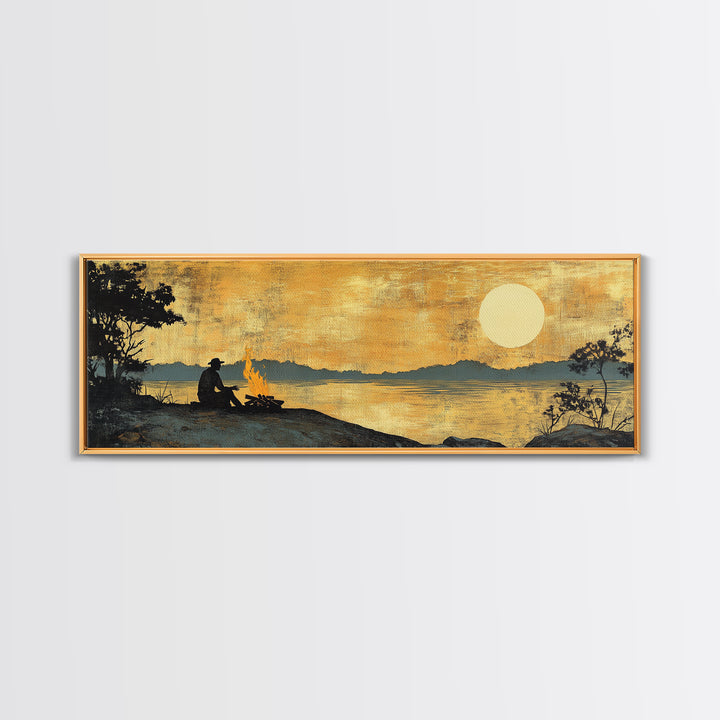 Lakeside Campfire Silhouette Under Golden Sunset Wall Art, Rustic Cabin Canvas Print, Nature Landscape, Lake House Decor, Gift For Him