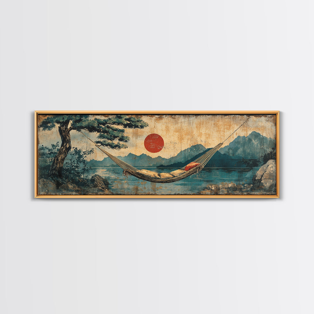 Mountain Lake Hammock Beneath Red Sun Wall Art, Japandi Landscape Canvas Print, Tranquil Zen Decor, Above Bed Art, Living Room Decor