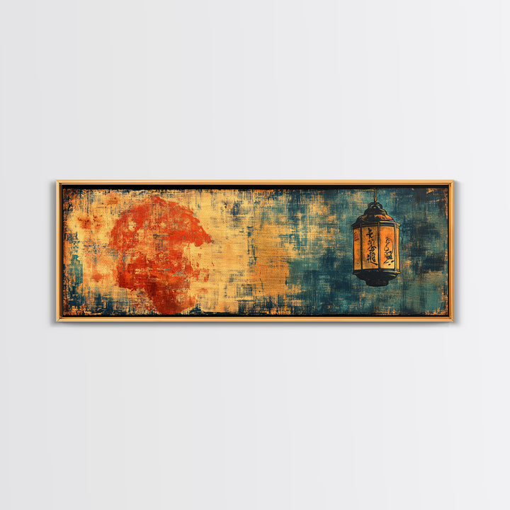 Red Sun And Hanging Lantern On Blue Textured Wall Art, Asian Inspired Canvas Print, Japanese Decor, Moody Abstract Art Print