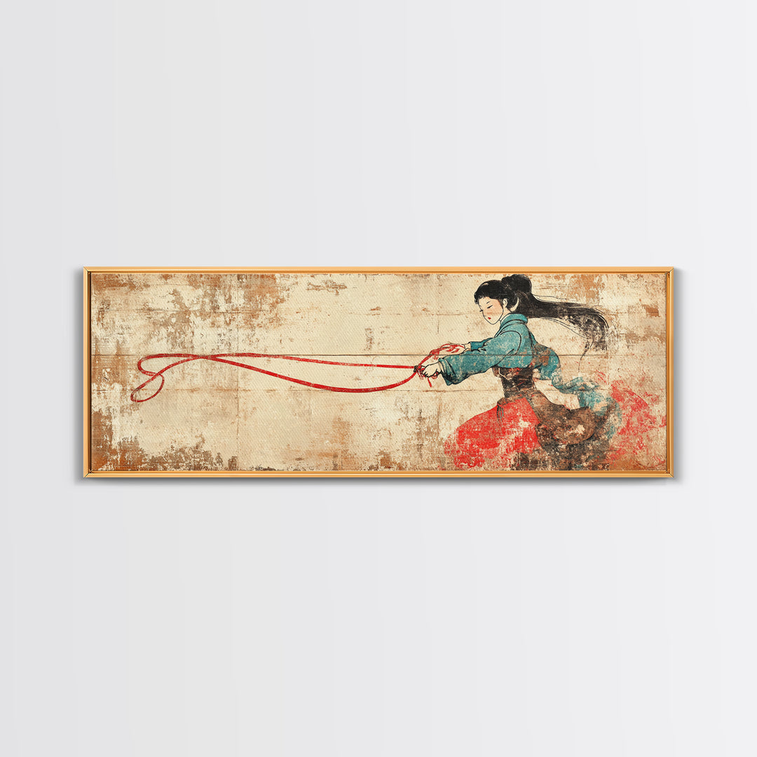 Asian Warrior Woman With Flowing Red Ribbon Canvas Print, Martial Arts Wall Art, Strong Female Art, Japanese Decor Gift For Her