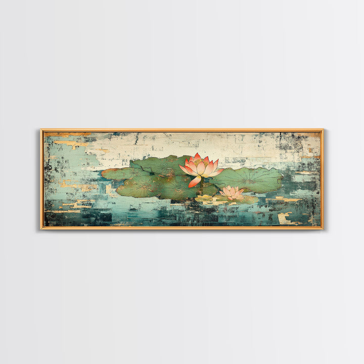 Lotus Pond Water Lily Wall Art, Asian Botanical Canvas Print, Japandi Zen Home Decor, Tranquil Nature Gift For Her, Living Room Decor