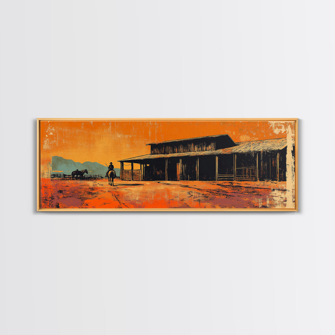 Western Cowboy Desert Saloon Wall Art, Rustic Canvas Print, Southwestern Ranch Decor, Orange Sunset Gift For Him, Man Cave Decor