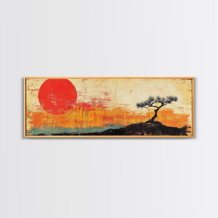 Lone Tree Red Sun Landscape Wall Art, Japandi Canvas Print, Minimalist Nature Decor, Orange Sunset Living Room Art, Above Sofa Decor