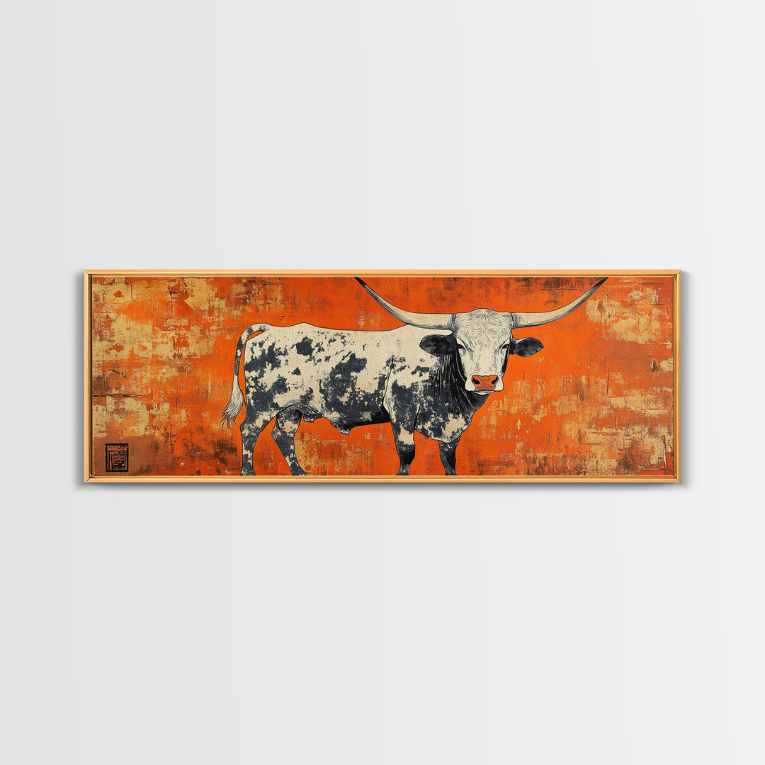 Texas Longhorn Cow On Orange Wall Art, Western Canvas Print, Rustic Ranch Decor, Southwestern Farmhouse Gift For Him, Man Cave Decor