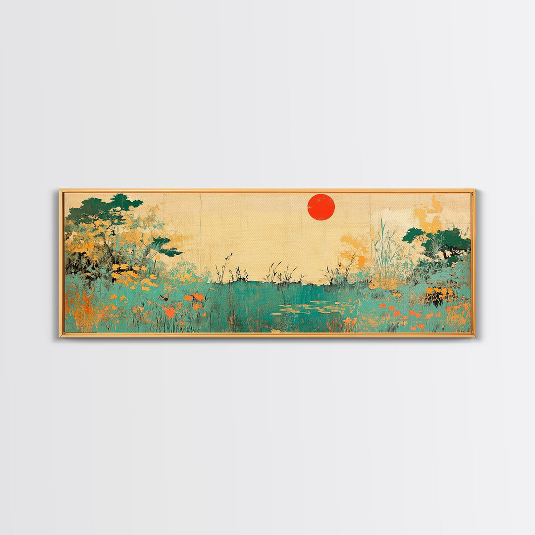 Red Sun Wildflower Marsh Landscape Wall Art, Japanese Inspired Panoramic Canvas, Nature Print, Japandi Living Room Decor