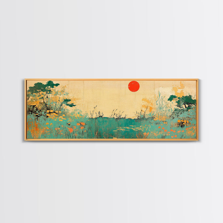 Red Sun Wildflower Marsh Landscape Wall Art, Japanese Inspired Panoramic Canvas, Nature Print, Japandi Living Room Decor