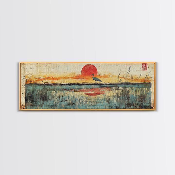 Blue Marsh Heron Red Sun Wall Art, Japanese Inspired Landscape Print, Coastal Wetlands Decor, Serene Bedroom Wall Decor Print