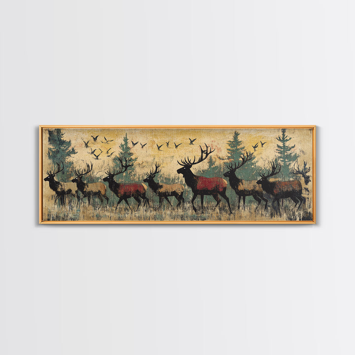 Elk Herd Forest Wildlife Wall Art, Rustic Panoramic Canvas Print, Lodge Cabin Decor, Nature Lover Gift For Him, Living Room Wall Decor