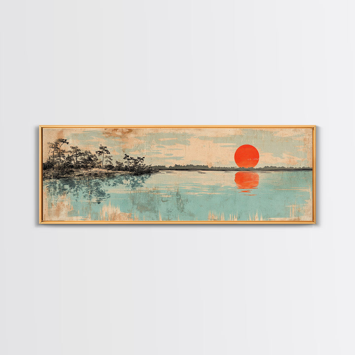 Red Sun Over Serene Teal Lake Wall Art, Japanese Landscape Print, Panoramic Canvas, Japandi Living Room Decor, Coastal Home Decor