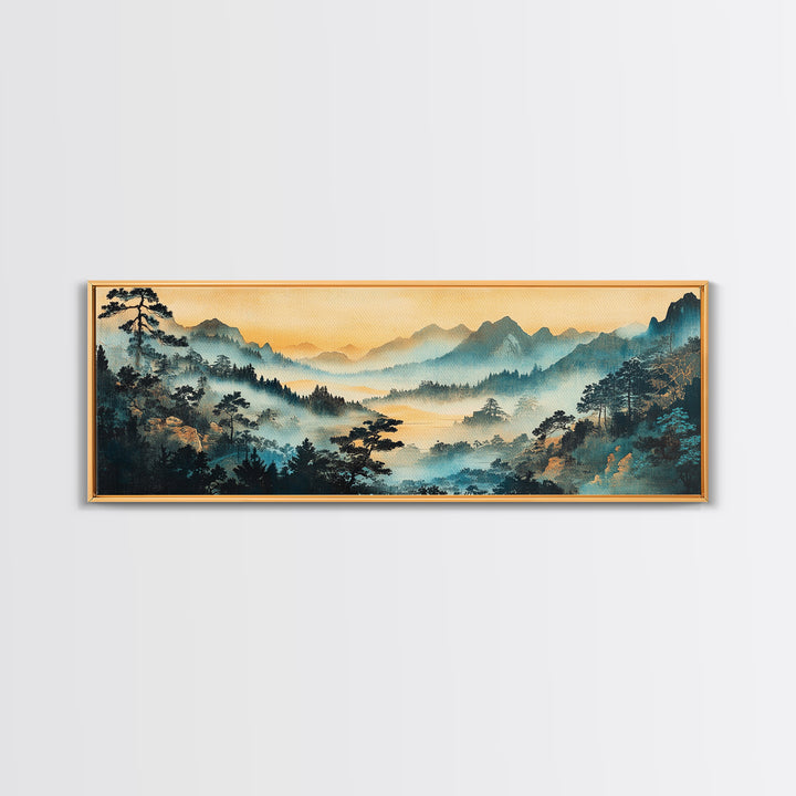 Misty Blue Mountain Valley Canvas Print, Asian Landscape Wall Art, Panoramic Nature Print, Japandi Living Room Decor, Housewarming Gift