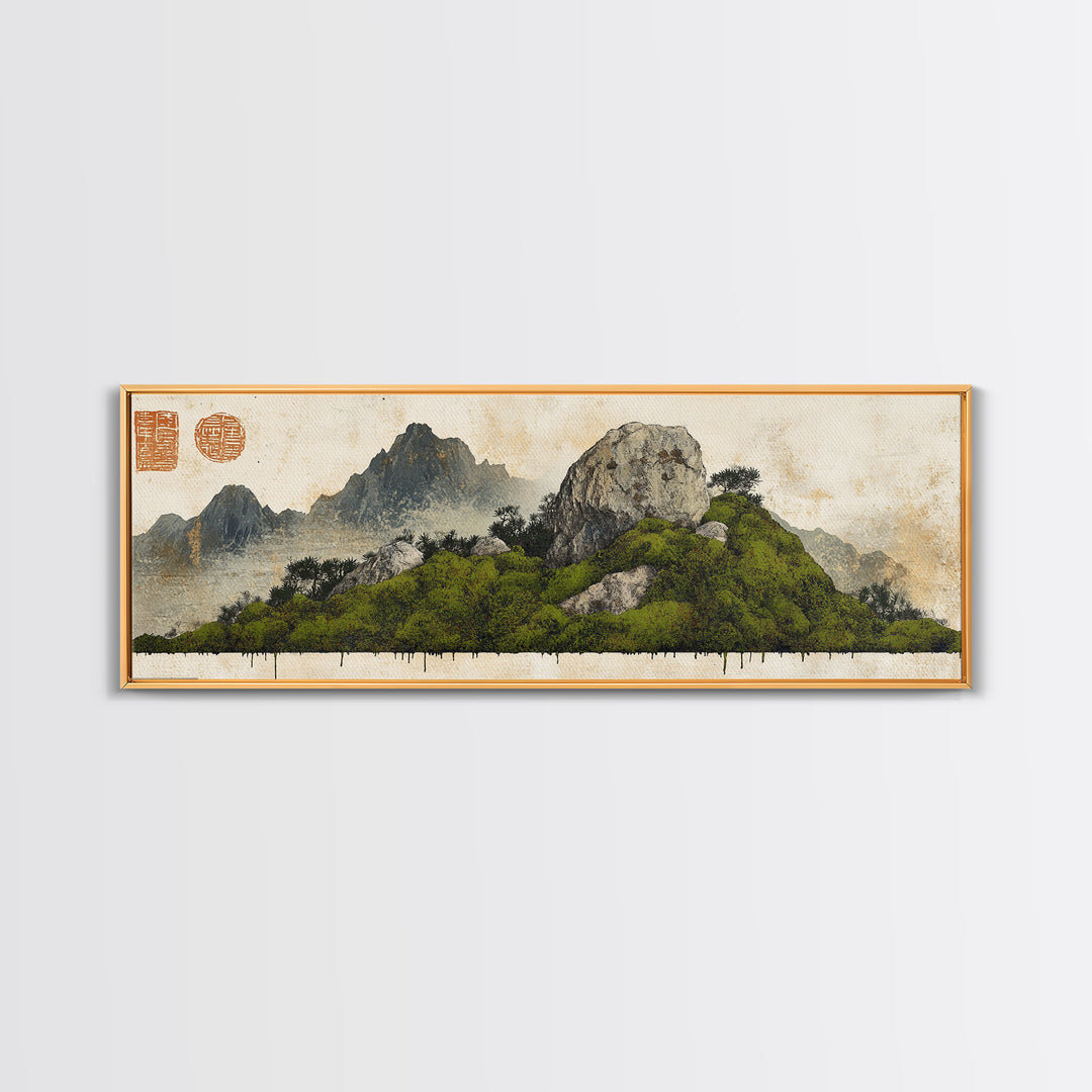 Green Moss Island With Ink Mountains Wall Art, Asian Landscape Print, Chinese Brush Style, Zen Home Decor, Office Wall Art