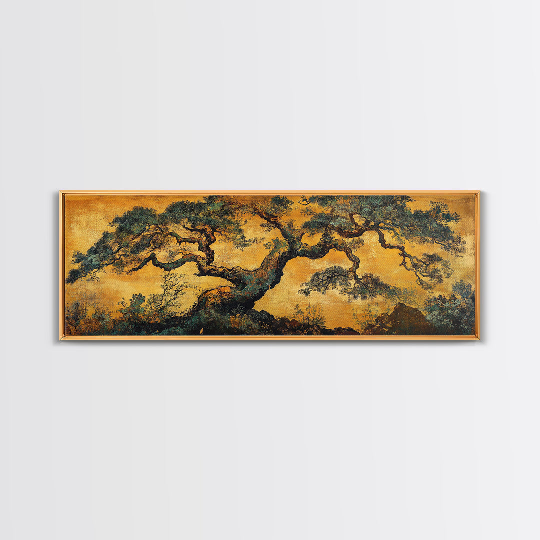Ancient Pine Tree In Golden Forest Wall Art, Rustic Asian Landscape Print, Nature Inspired Art, Japandi Home Decor Gift For Her