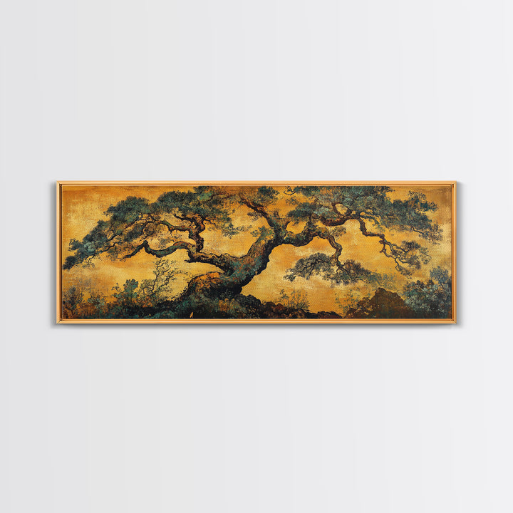 Ancient Pine Tree In Golden Forest Wall Art, Rustic Asian Landscape Print, Nature Inspired Art, Japandi Home Decor Gift For Her
