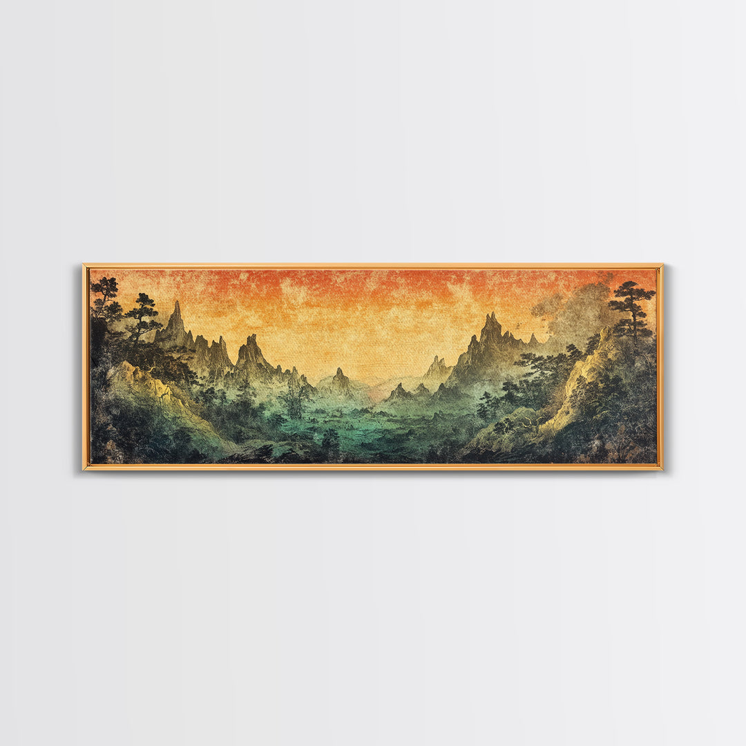 Mystical Mountain Valley At Sunset Canvas Print, Asian Landscape Wall Art, Moody Nature Decor, Panoramic Living Room Art