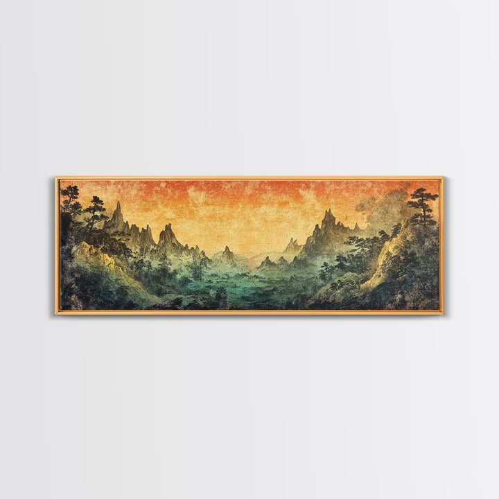 Mystical Mountain Valley At Sunset Canvas Print, Asian Landscape Wall Art, Moody Nature Decor, Panoramic Living Room Art