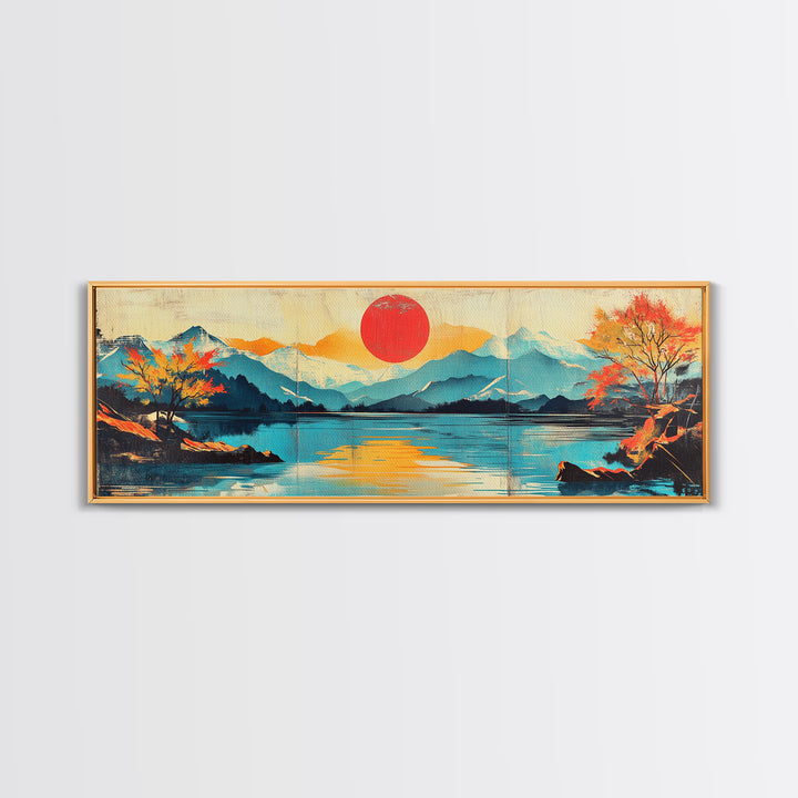 Red Sun Over Mountain Lake Framed Canvas Print, Japanese Landscape Wall Art, Autumn Nature Decor, Large Panoramic Print, Housewarming Gift