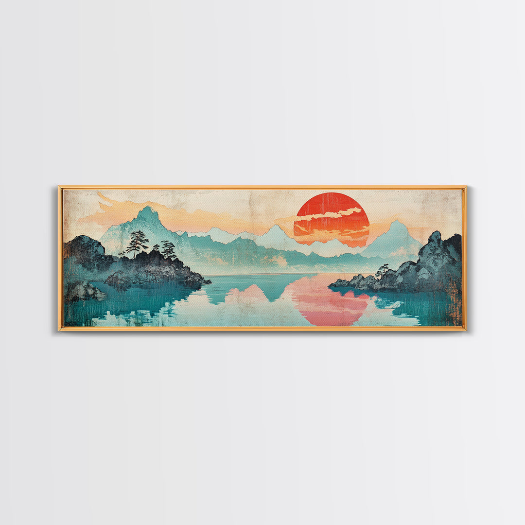 Coral Sun Over Teal Mountain Lake Wall Art, Japanese Landscape Print, Coastal Japandi Decor, Serene Bedroom Wall Art Print