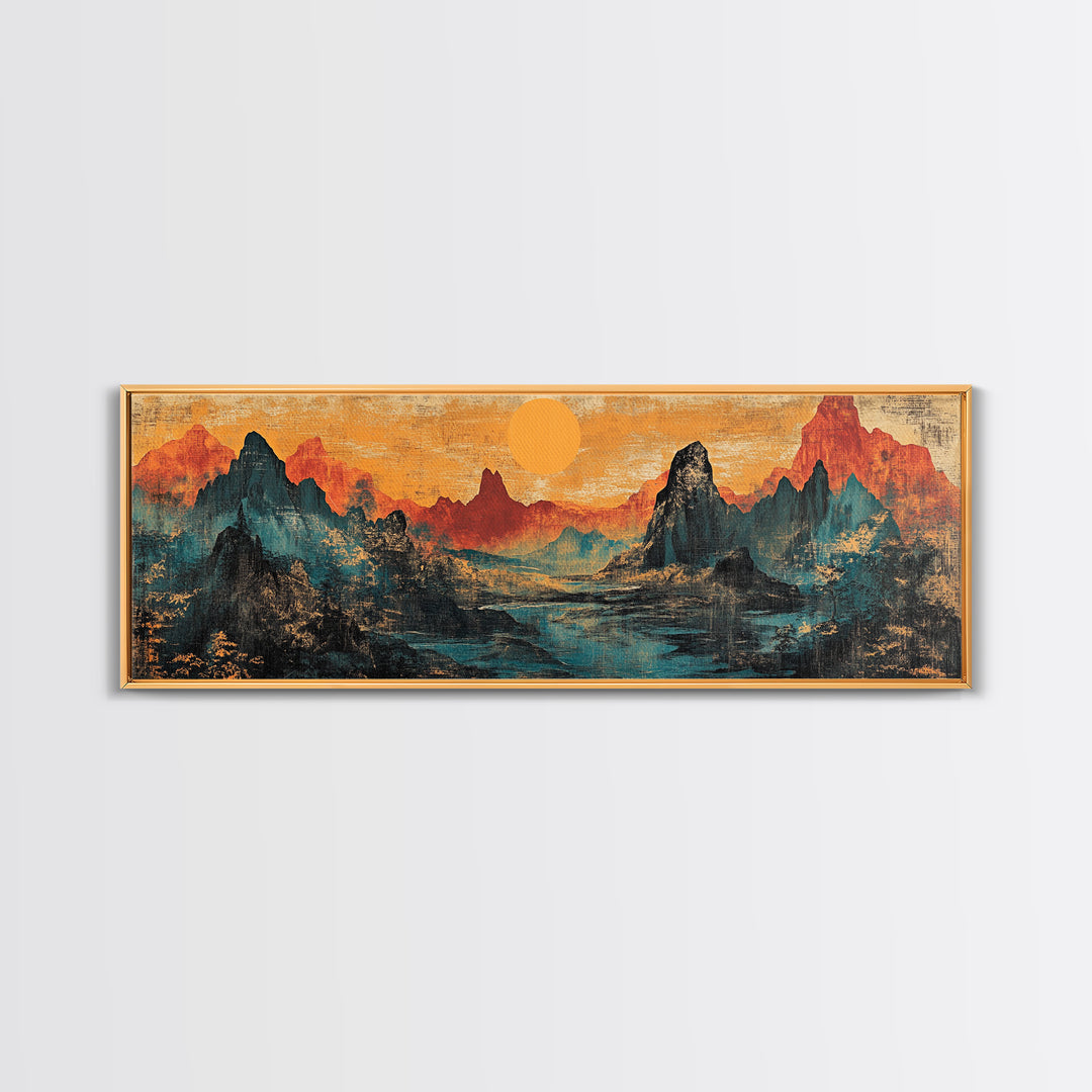 Orange Sun Over Dramatic Mountain Range Canvas Print, Asian Landscape Wall Art, Rustic Desert Decor, Statement Wall Art For Office Decor