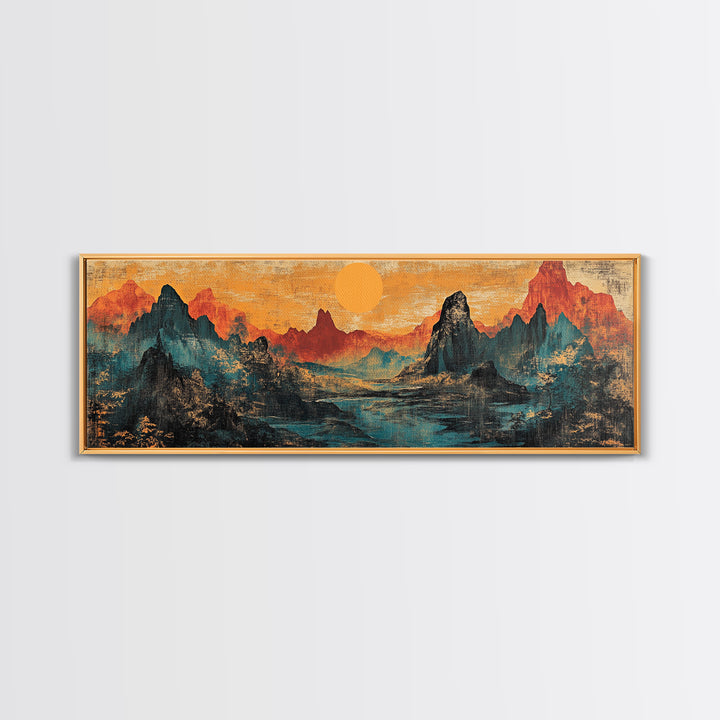 Orange Sun Over Dramatic Mountain Range Canvas Print, Asian Landscape Wall Art, Rustic Desert Decor, Statement Wall Art For Office Decor