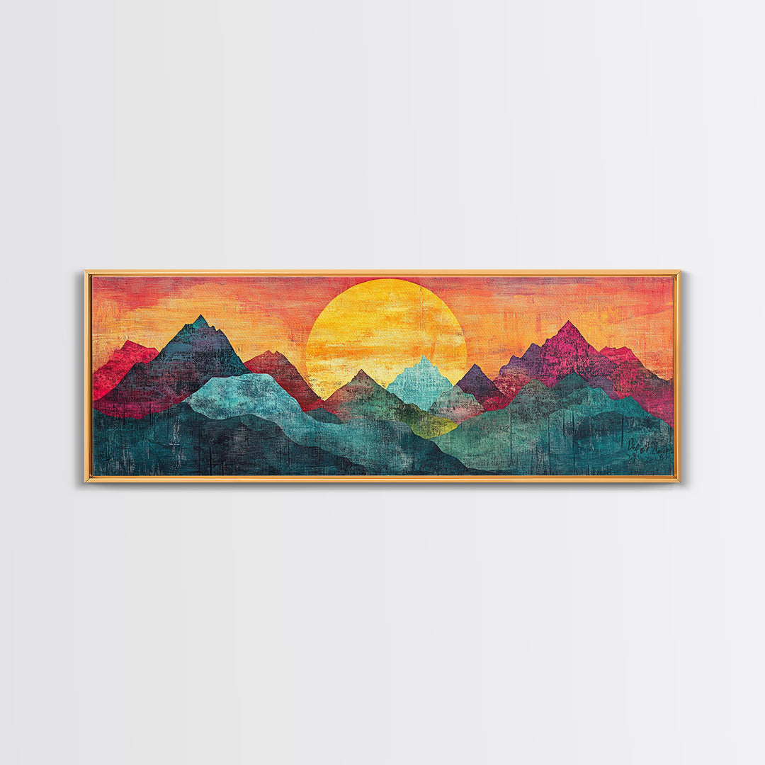 Geometric Mountain Sunrise With Teal And Magenta Peaks Wall Art, Mid Century Modern Canvas Print, Colorful Landscape Decor