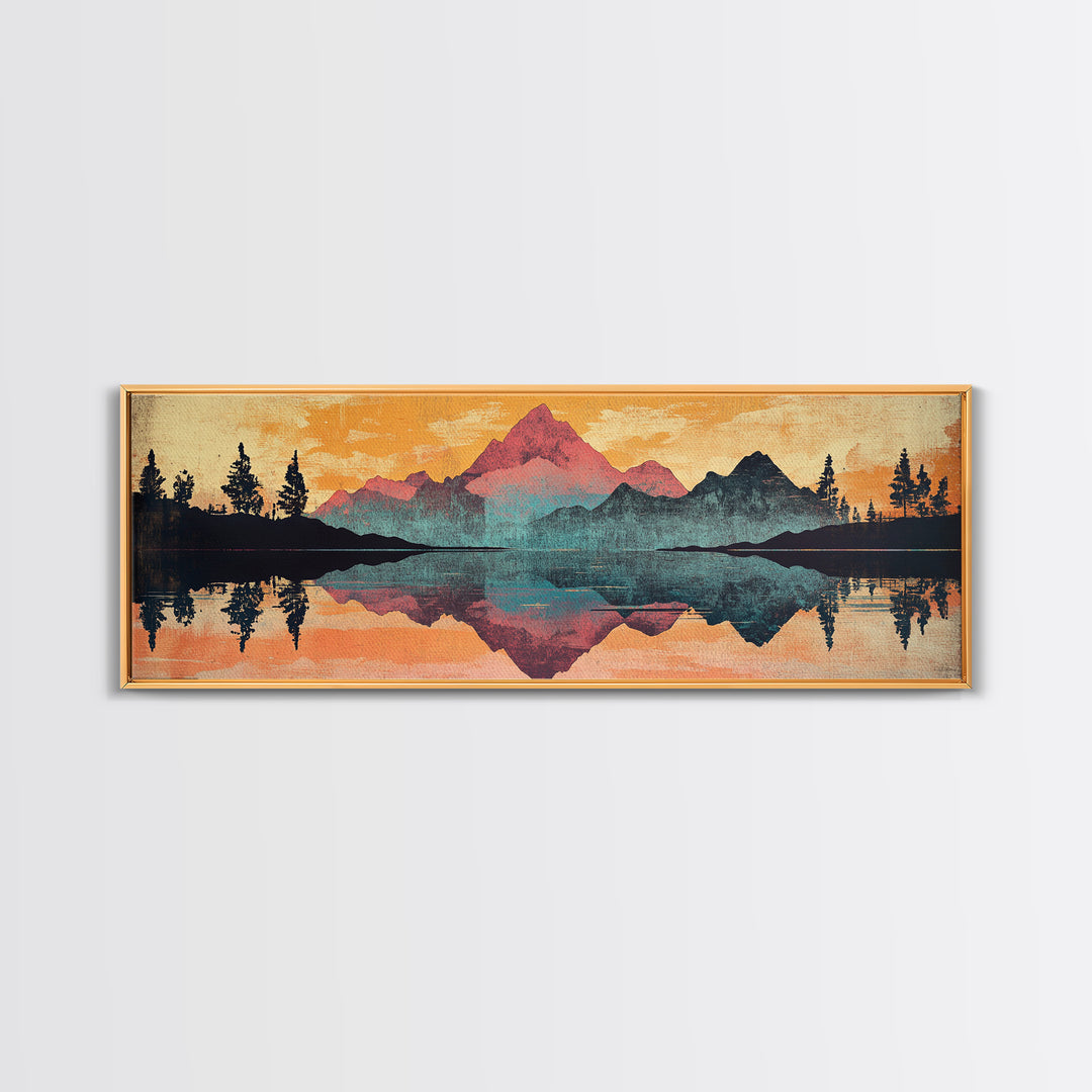 Mountain Lake Reflection With Pine Forest Sunset Wall Art, Framed Canvas Print, Nature Landscape, Rustic Cabin Decor, Lake House