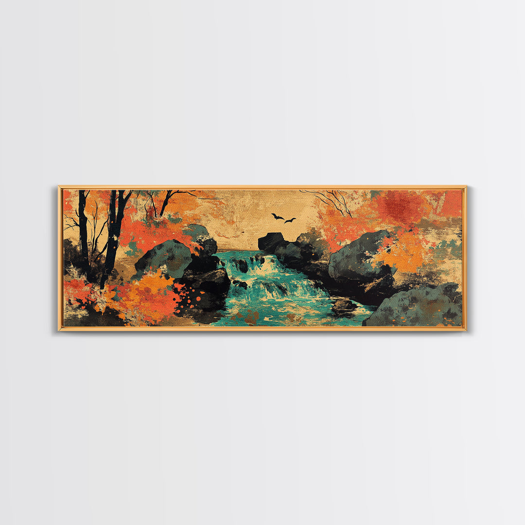 Autumn Forest Stream With Waterfall And Birds Wall Art, Framed Canvas Print, Rustic Landscape Art, Cozy Cabin Decor, Nature