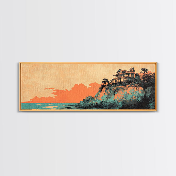 Japanese Cliffside House At Sunset Wall Art, Panoramic Canvas Print, Coastal Decor, Asian Inspired Living Room Decor Art Print