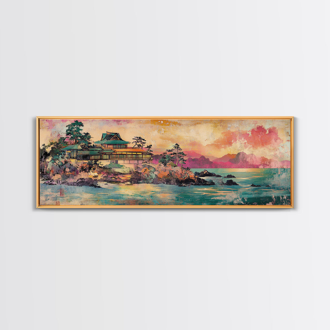 Japanese Palace On Turquoise Coast Wall Art, Panoramic Canvas Print, Asian Landscape Art For Japandi Living Room Decor Print