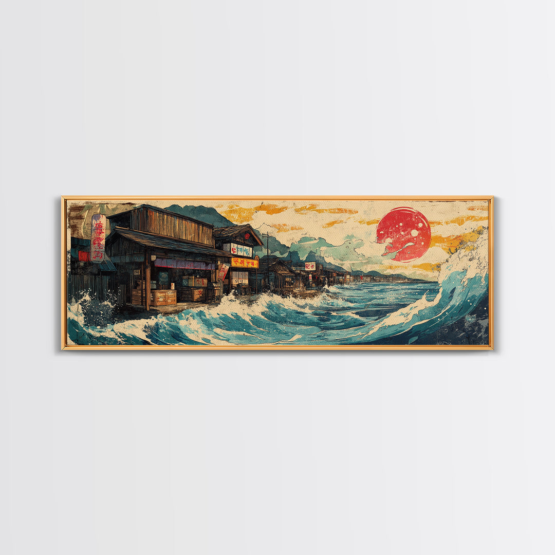 Japanese Seaside Village With Red Sun Wall Art, Panoramic Canvas Print, Ocean Wave Decor, Coastal Kitchen Art Print Home Decor