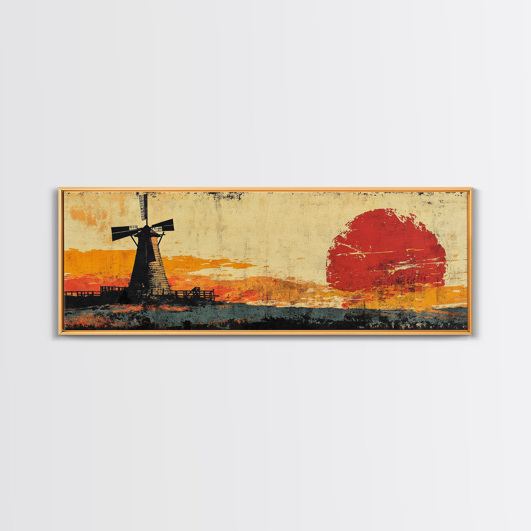 Rustic Windmill And Red Sun Landscape Wall Art, Panoramic Canvas Print, Farmhouse Decor, Western Living Room Art Home Decor